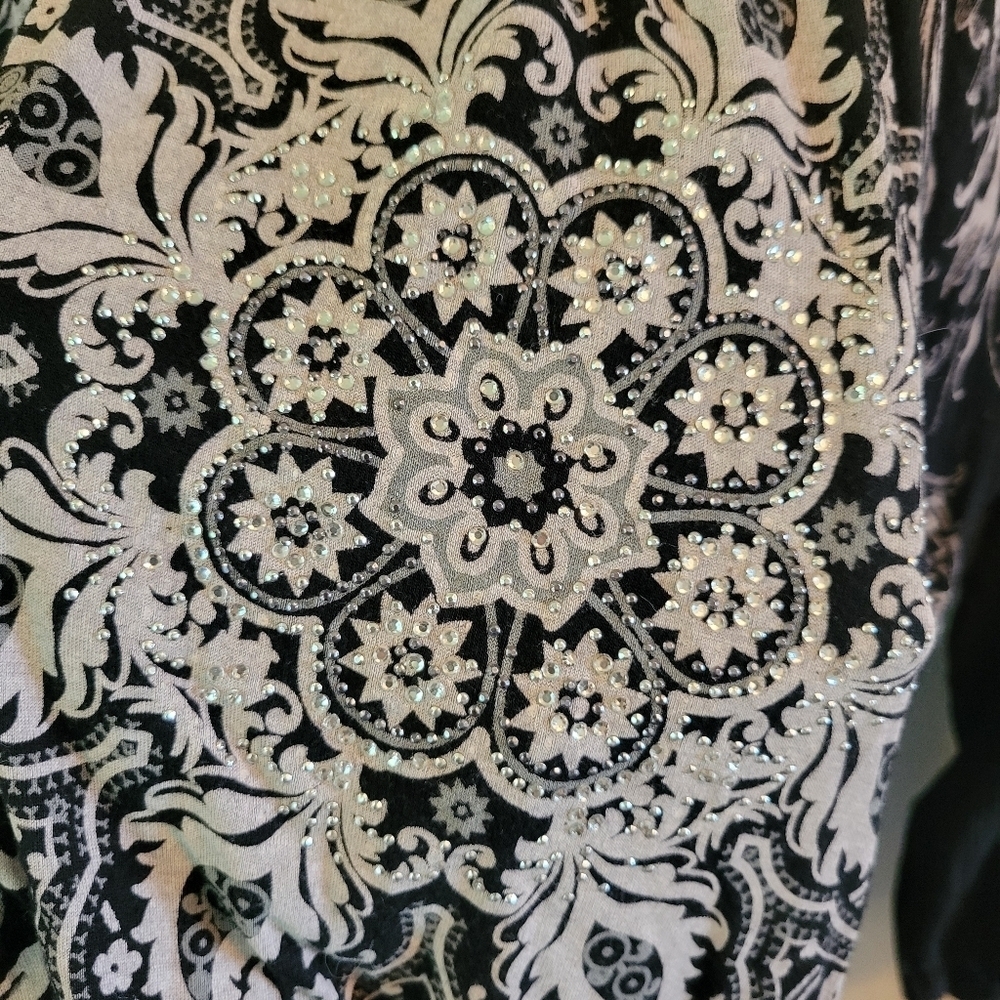 Y2K B.L.E.U. Black Off White Embellished 3/4 Sleeve Blouse Top - Picture 3 of 6